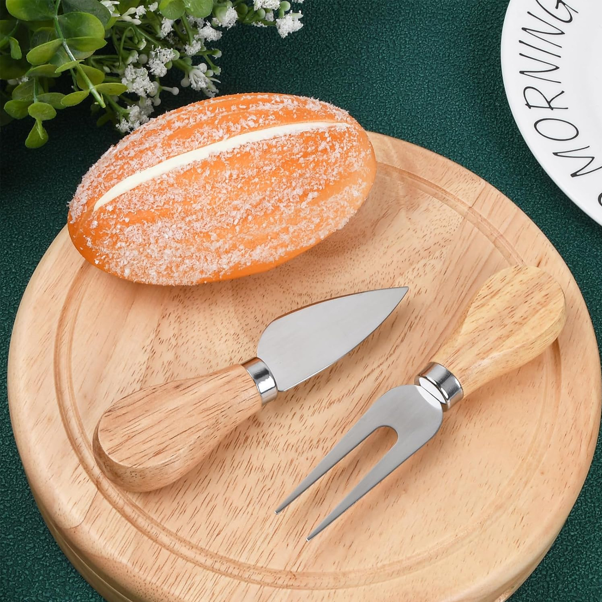 Round Wood Cheese Board with Knife Set 2