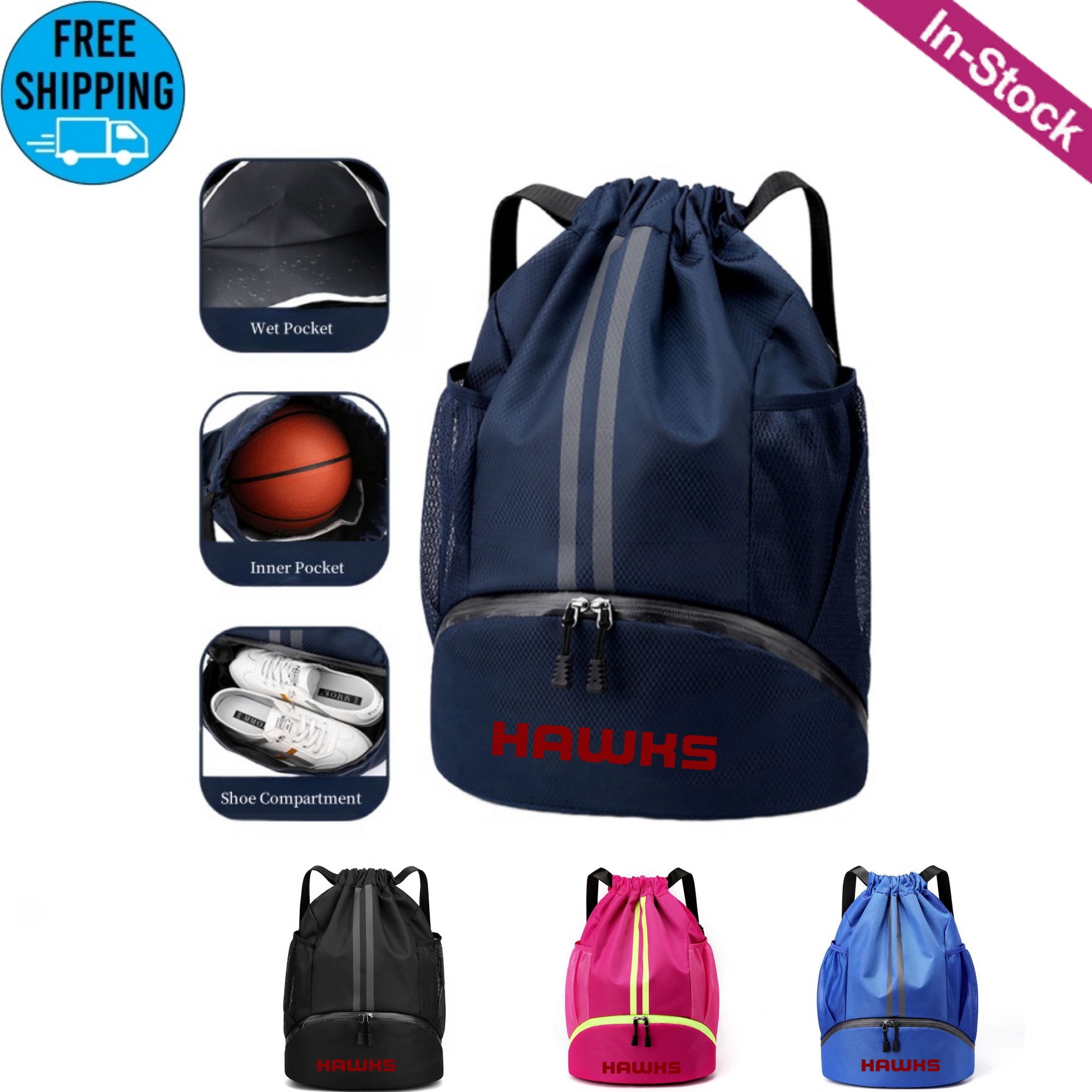 Sports Drawstring Backpack with Side Mesh Pockets and Shoes Compartment 7