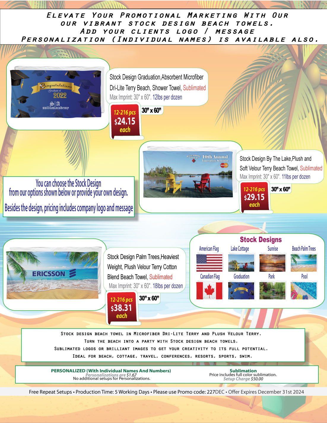 24Hr Express Ship - Stock Design, Heaviest Weight, Plush Velour Terry Beach Towel, 30x60, Sublimated 4