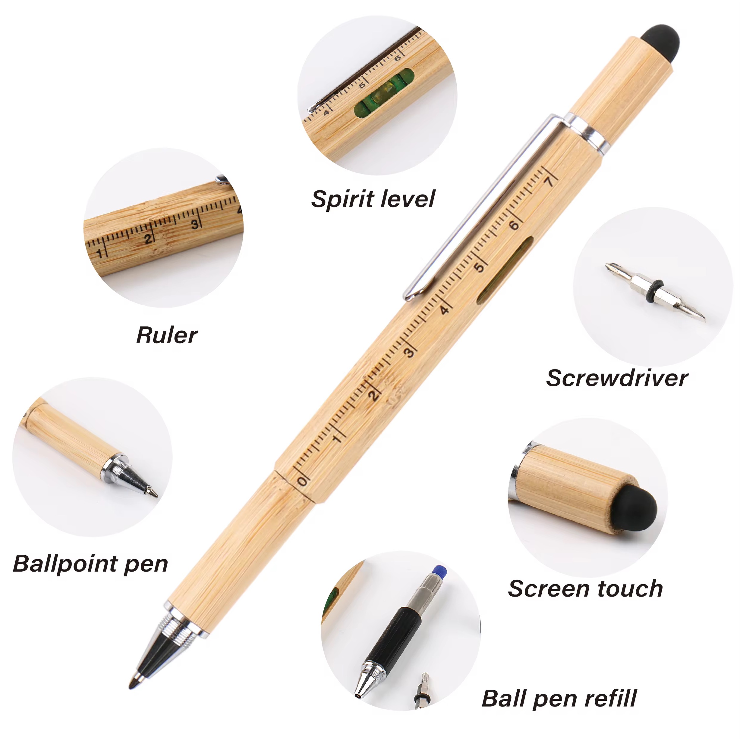 MOQ 10 pcs Bamboo 6 in 1 Tool Pen 2