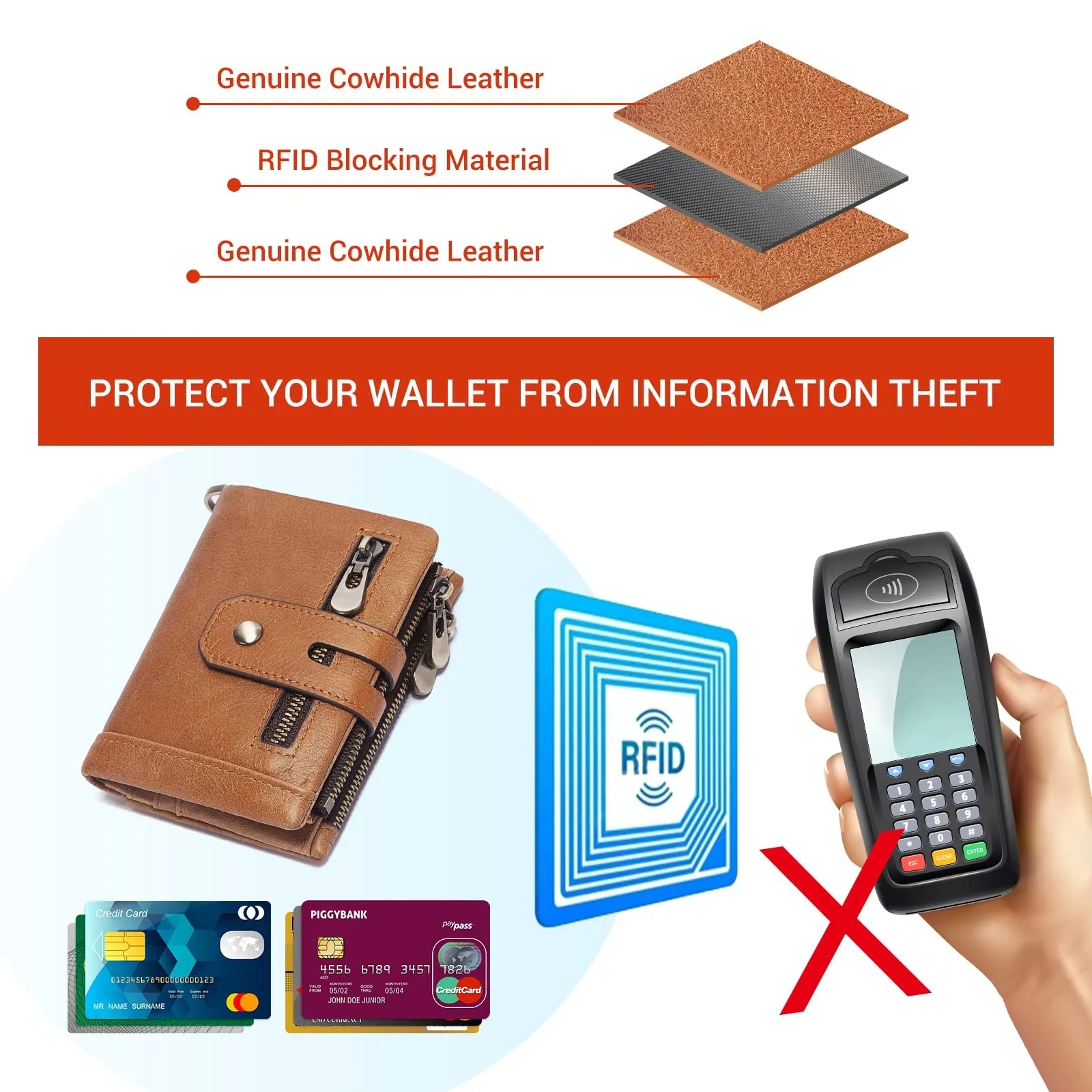 Genuine Leather Detachable Mezzanine RFID Chain Wallet 3
