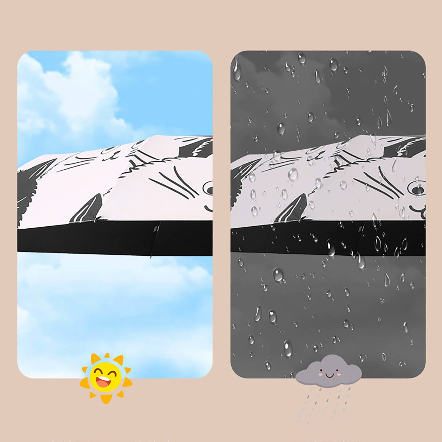 8-Rib Cartoon Black And White Cat Automatic Umbrella 4