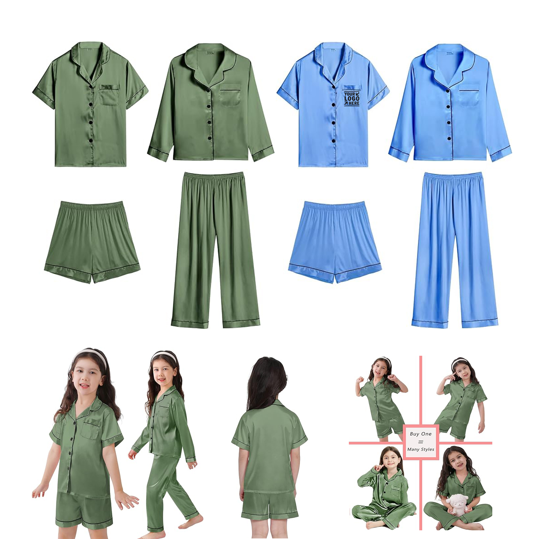 4 Pcs Kids Girls Boys Satin Pajamas Set Silk Button Down PJs Long Sleeve Sleepwear 2