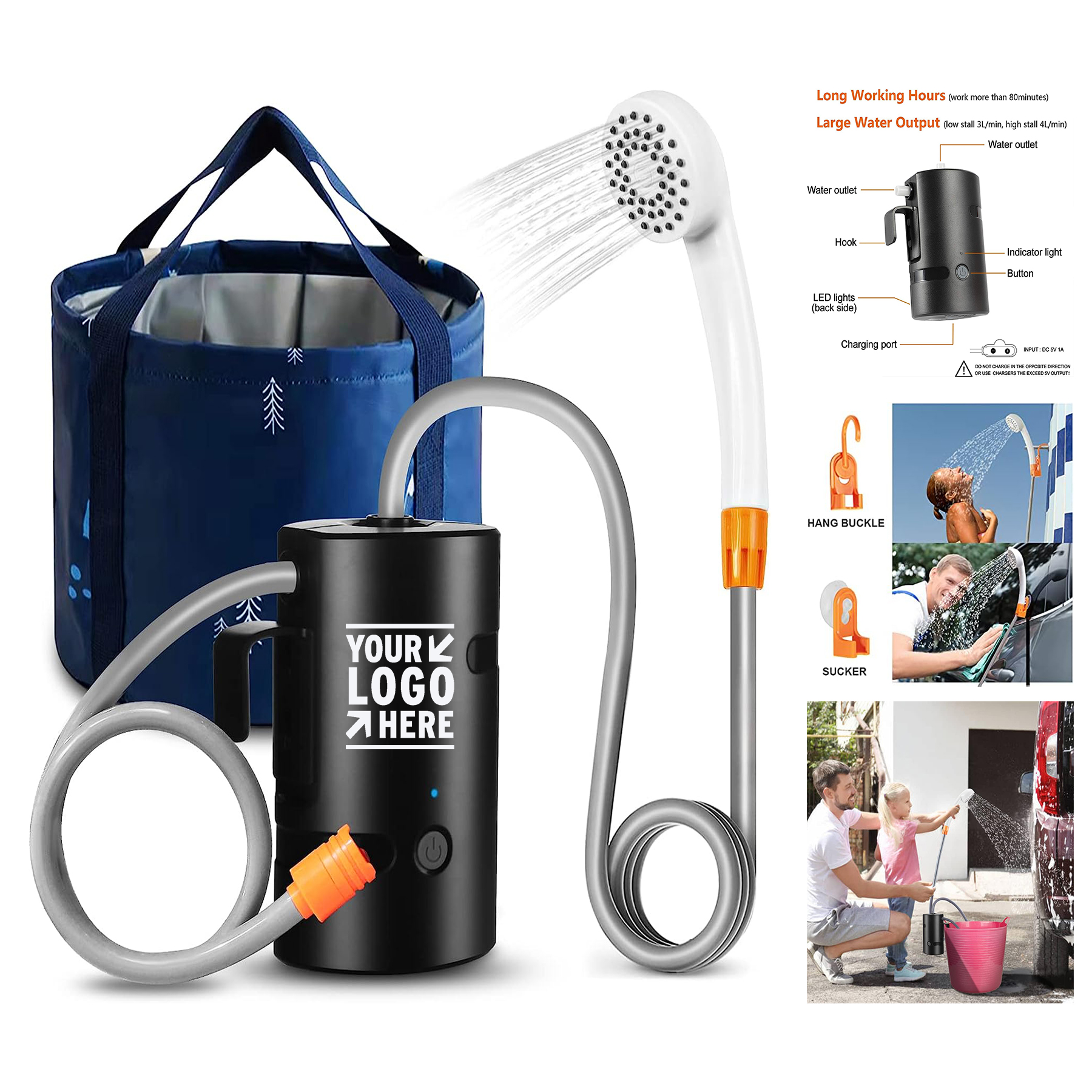 Collapsible Bucket Built-in 4400mAh USB Rechargeable IPX7 Waterproof Battery Portable Camping Shower