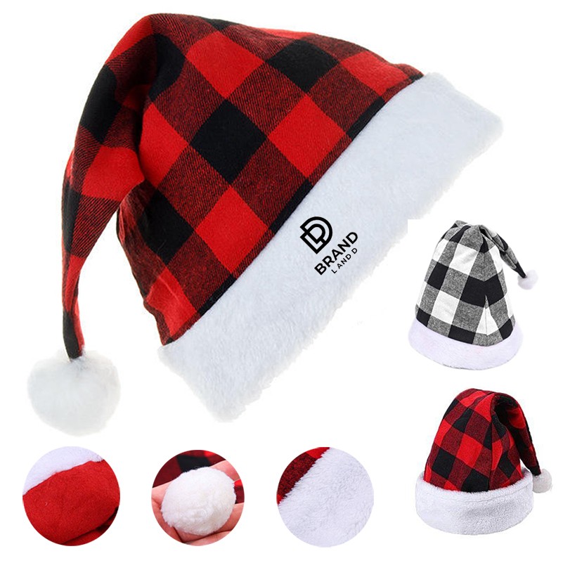 Polyester Christmas Decorations Hat Black Red Plaid Hat Winter Christmas Hat 2