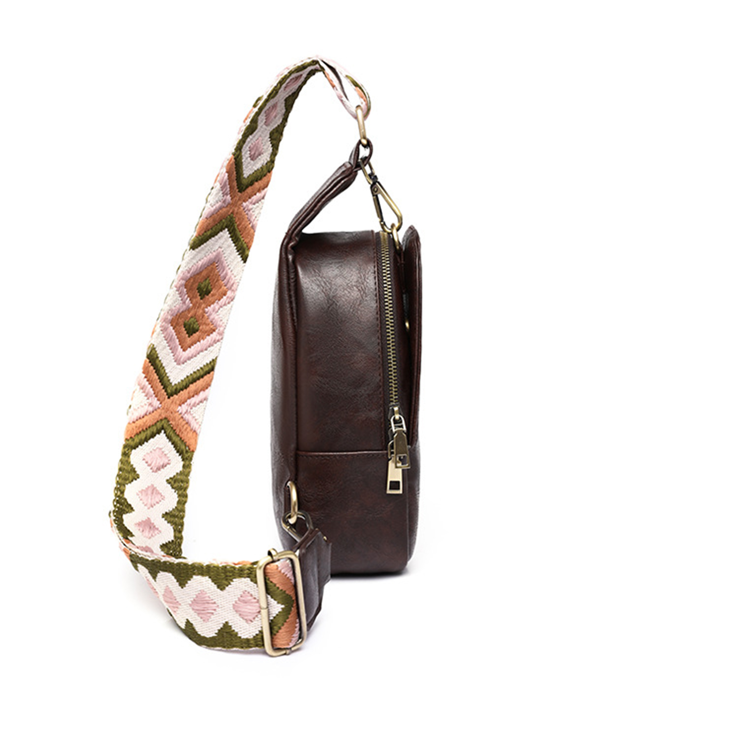 Pu Compact Sling Bag With Adjustable Boho-Pattern Strap 1