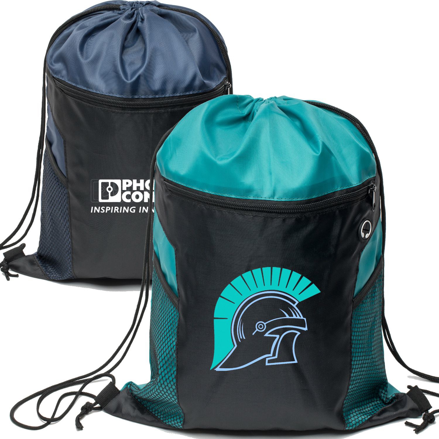 Two-Tone Front Zipper Drawstring Bag with Side Mesh Pocket and Earphone Slot (14" x 18") 11