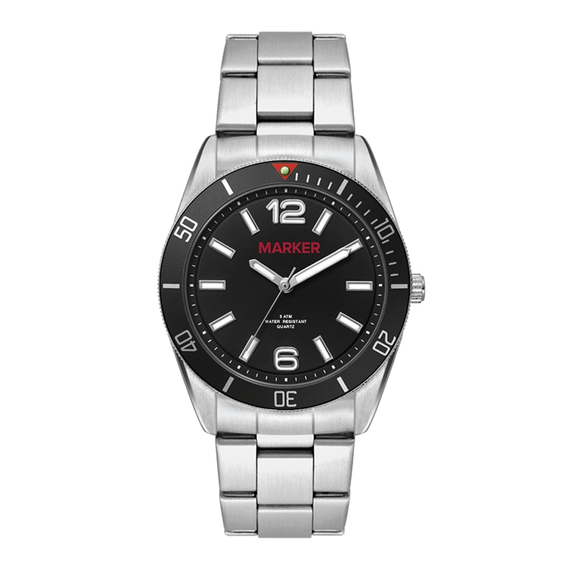 WC5187 22MM METAL MATTE SILVER CASE, 3 HAND MVMT, BLACK DIAL, BK ROTATING BEZEL, SILVER BRACELET, FLAT MINE