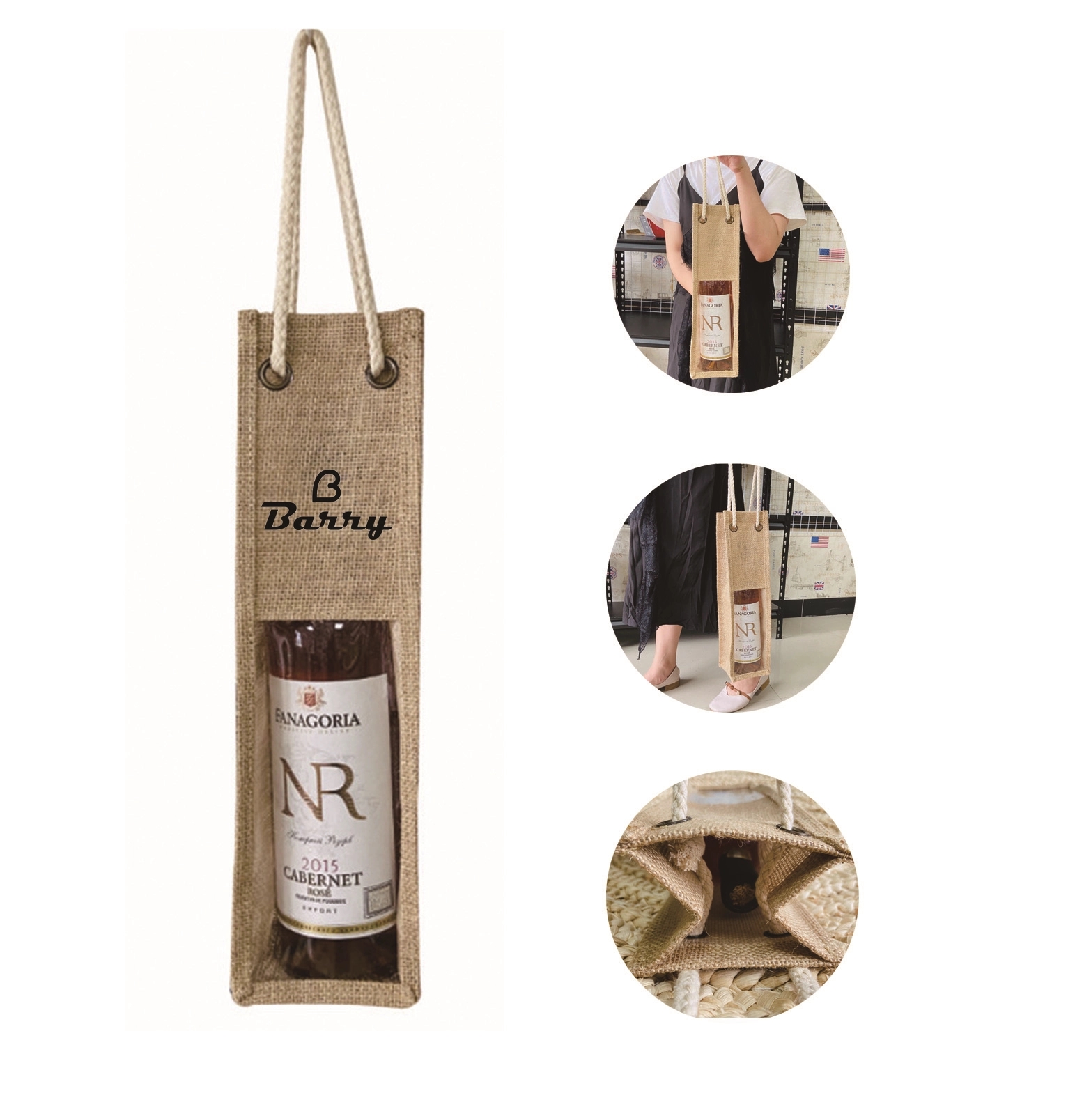 Reusable Jute Wine Bag With Clear Window/Wine Bottle Burlap 2