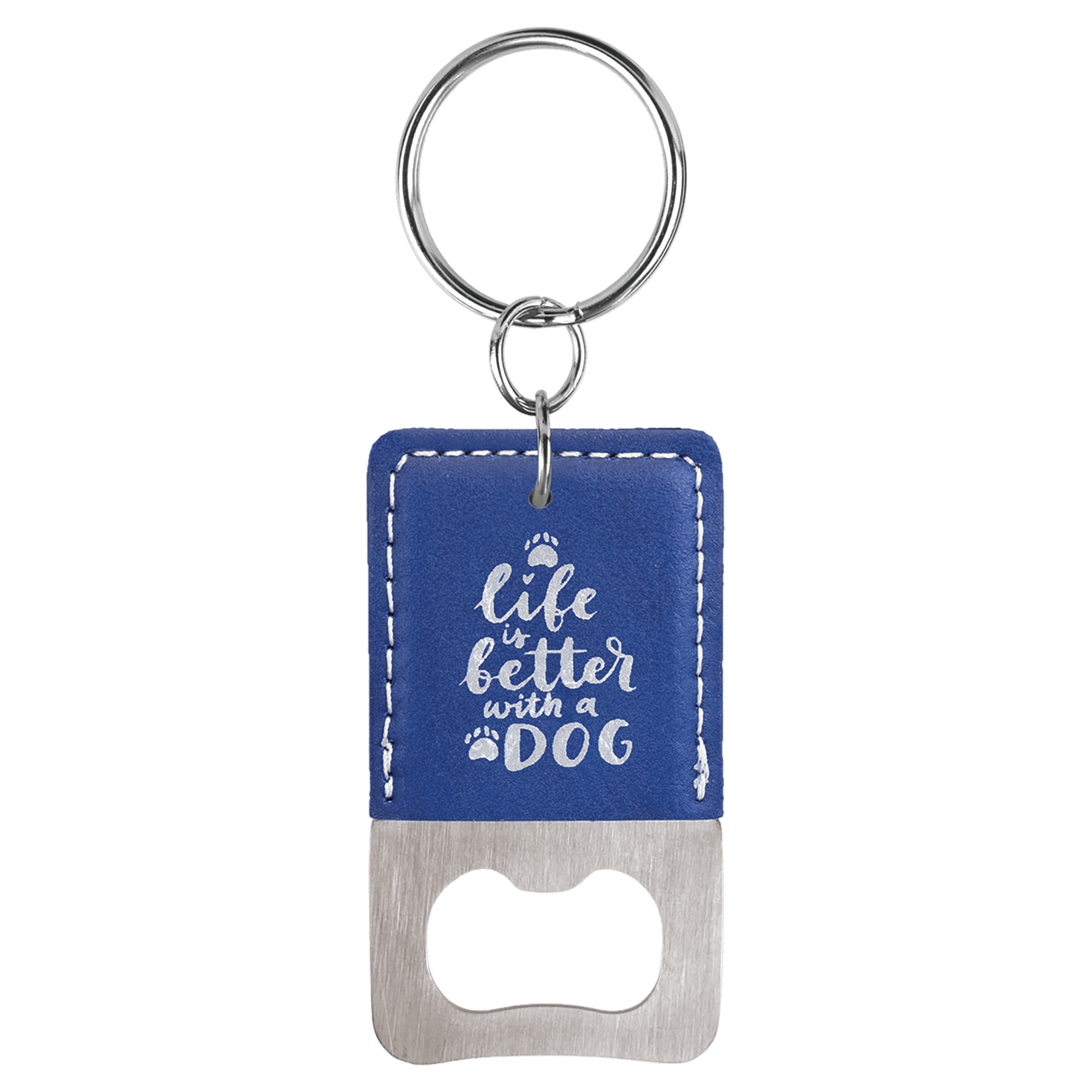 Rectangle Blue/Silver Leatherette Bottle Opener Keychain 2