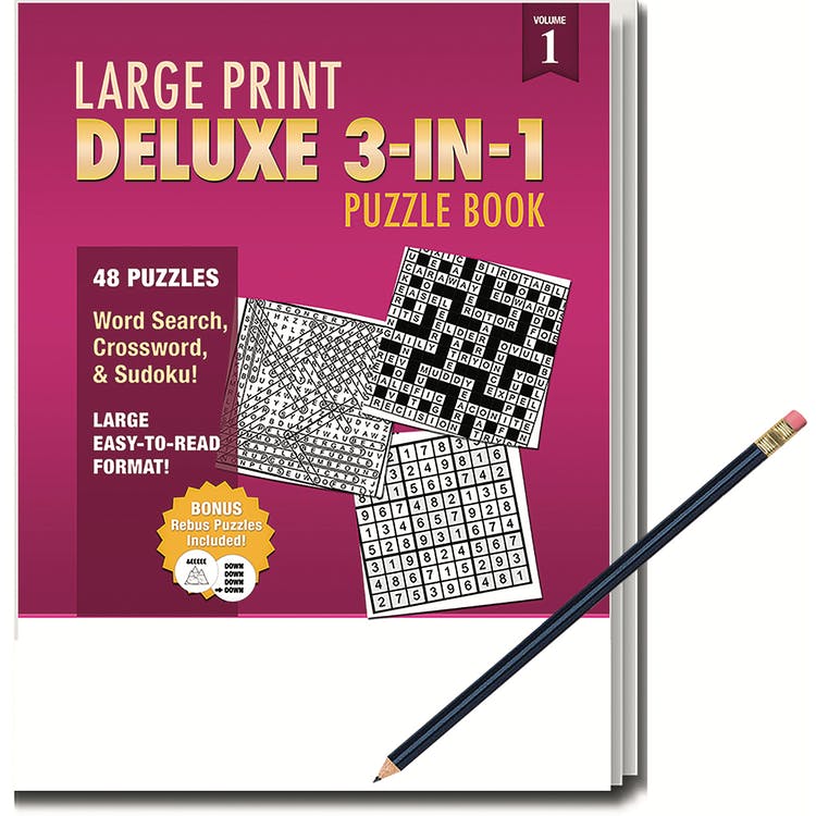 Deluxe 3-in-1 Puzzle Books - Large Print Pencil Included 2