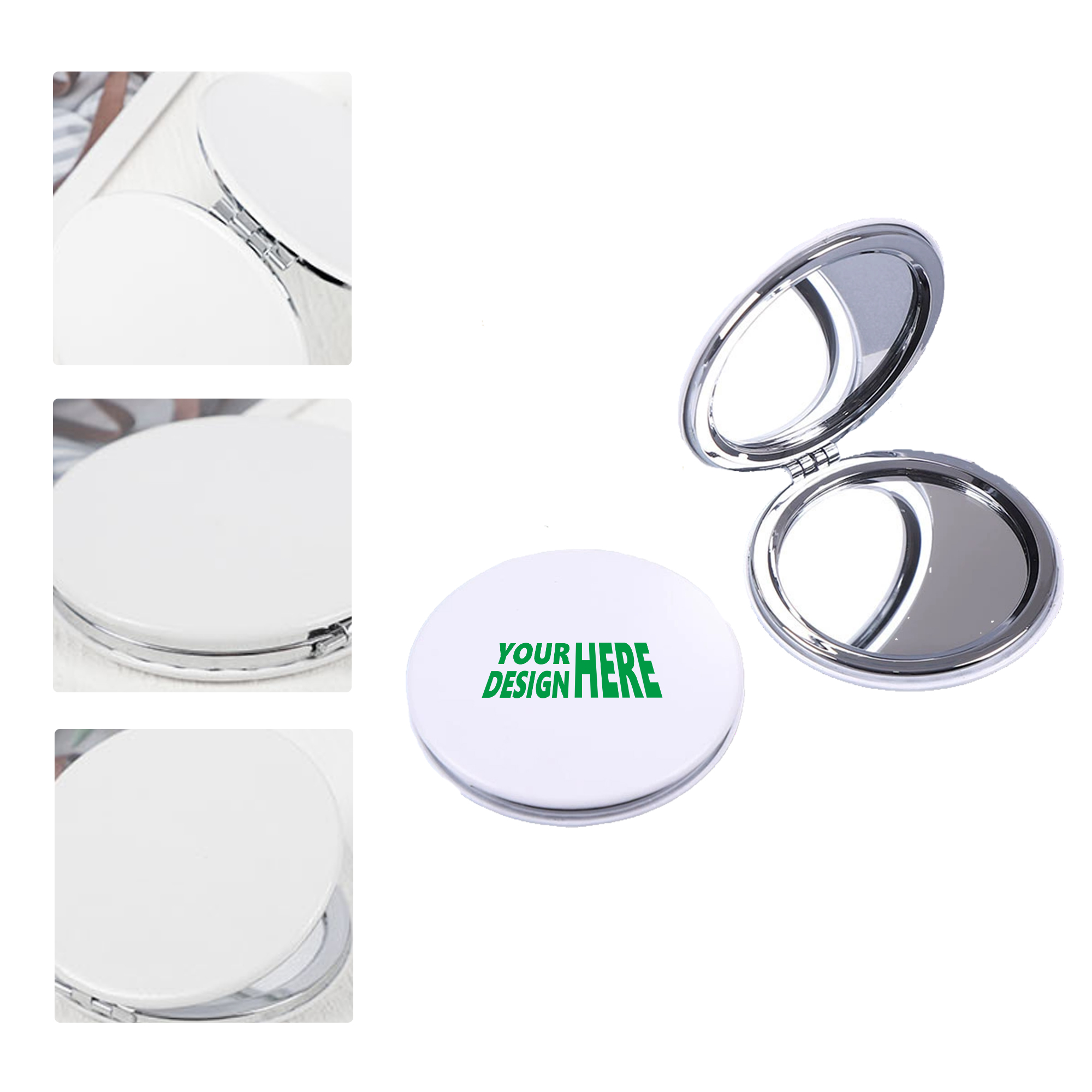 MOQ 50 White PU Folding Pocket Mirror Custom Logo Portable Makeup Mirror 2