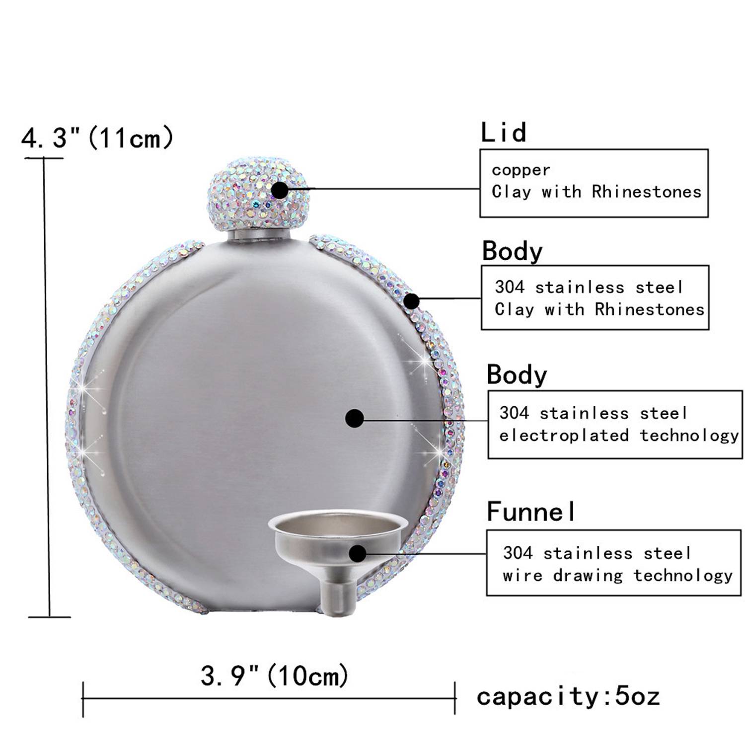 5oz Rhinestone Stainless Steel Flask w/Funnel 5
