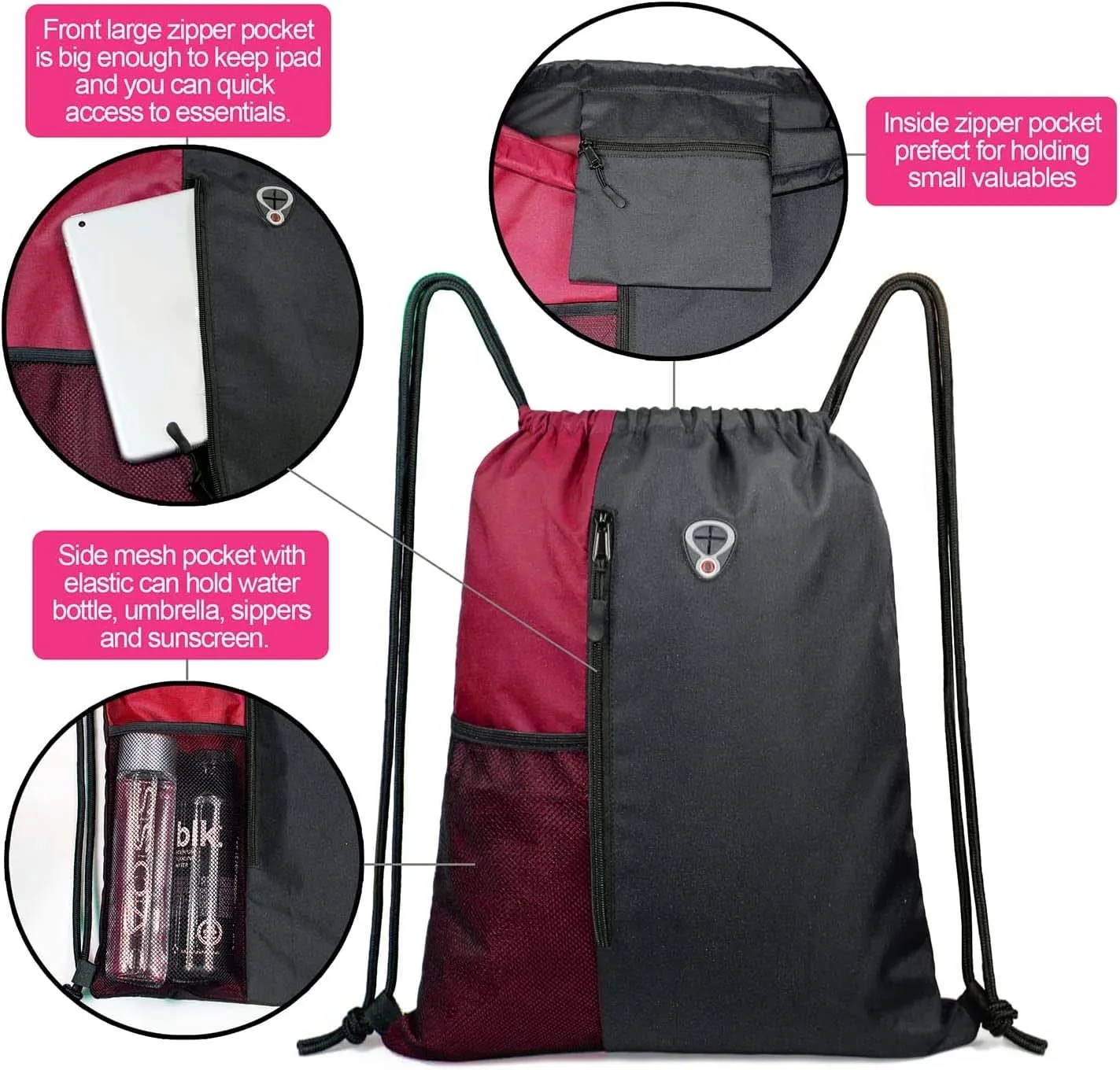 Travel Drawstring Backpack With Mesh Pockets 3