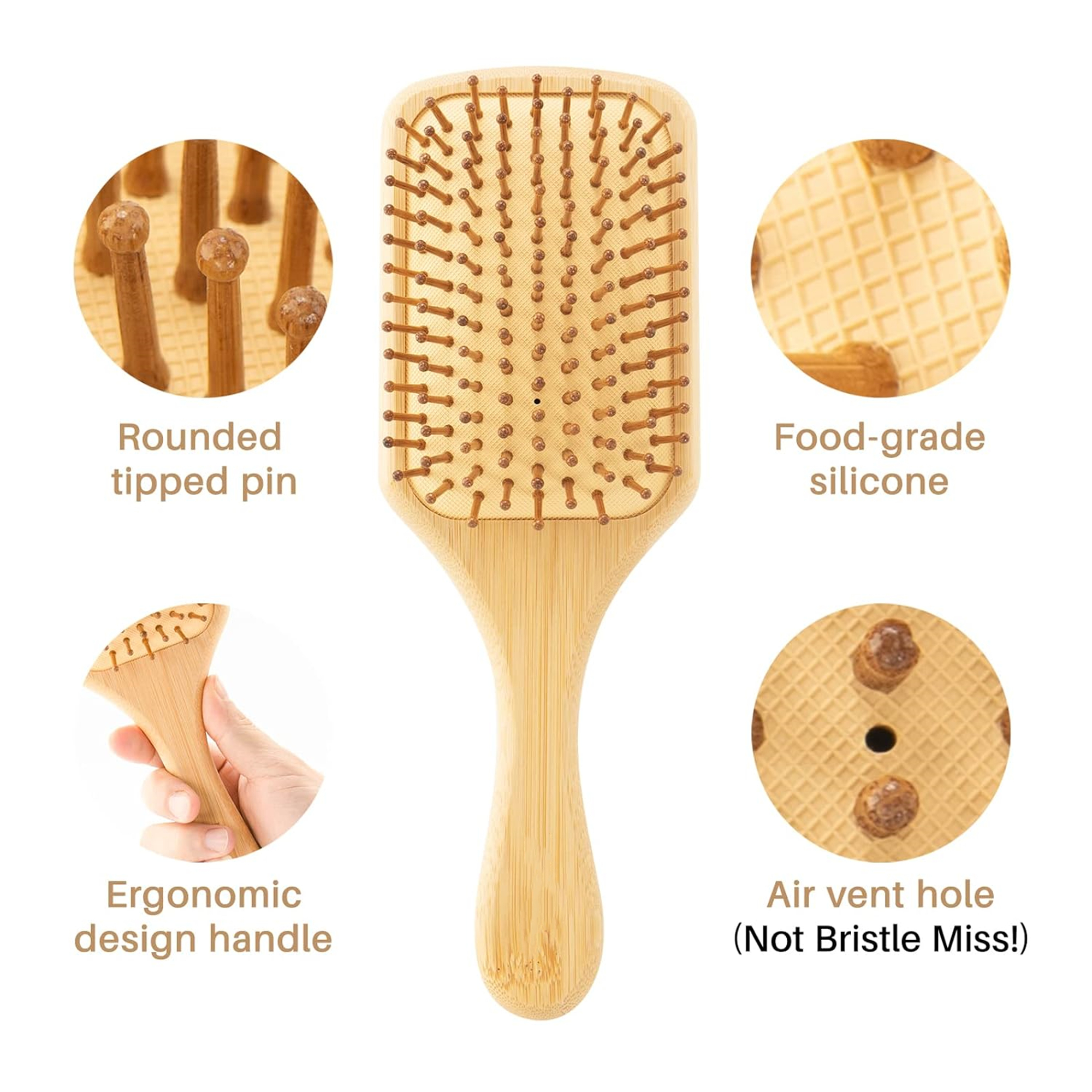 Square Bamboo Paddle Hair Brush With Bamboo Bristles For Men Women 3