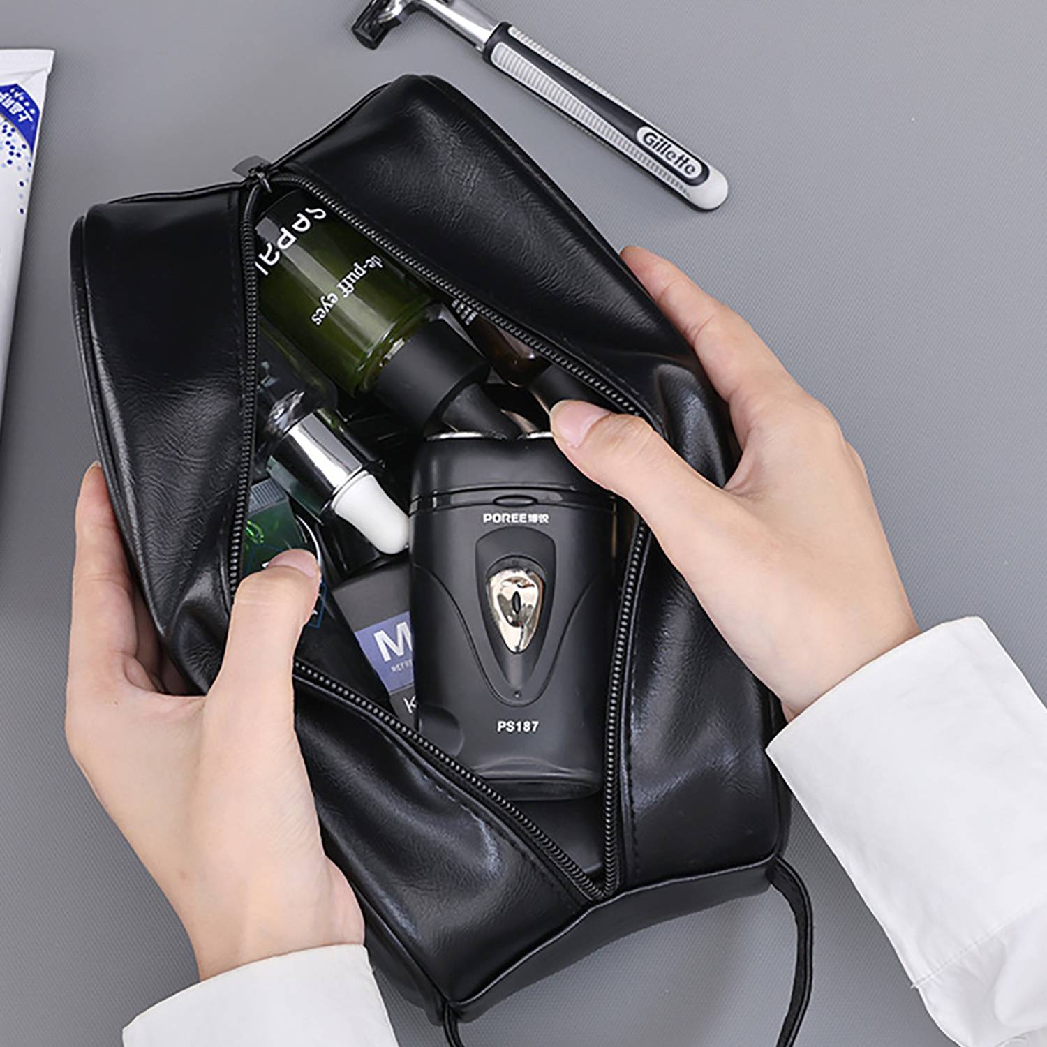 Men's Large Capacity PU Leather Travel Toiletry Bag 6