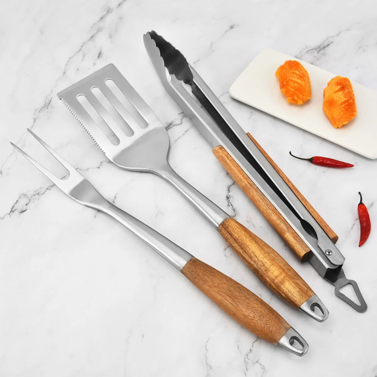 3-Piece BBQ Grilling Tool Set Stainless Steel Tongs Spatula 7