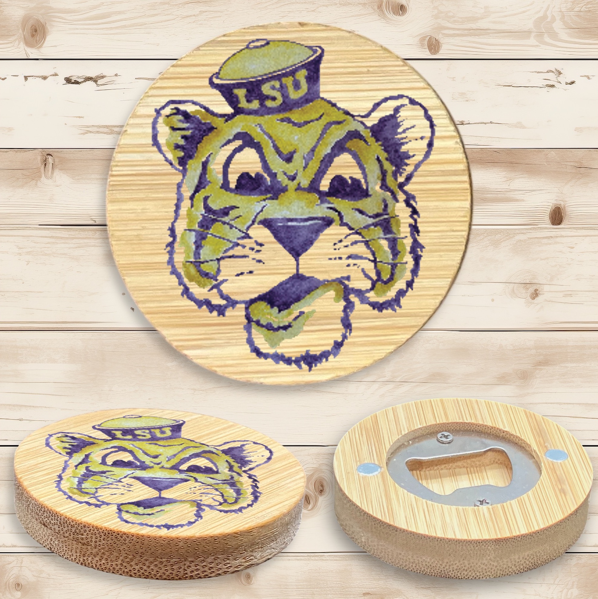 2.5" Round BAMBOO Bottle Opener Magnet 2