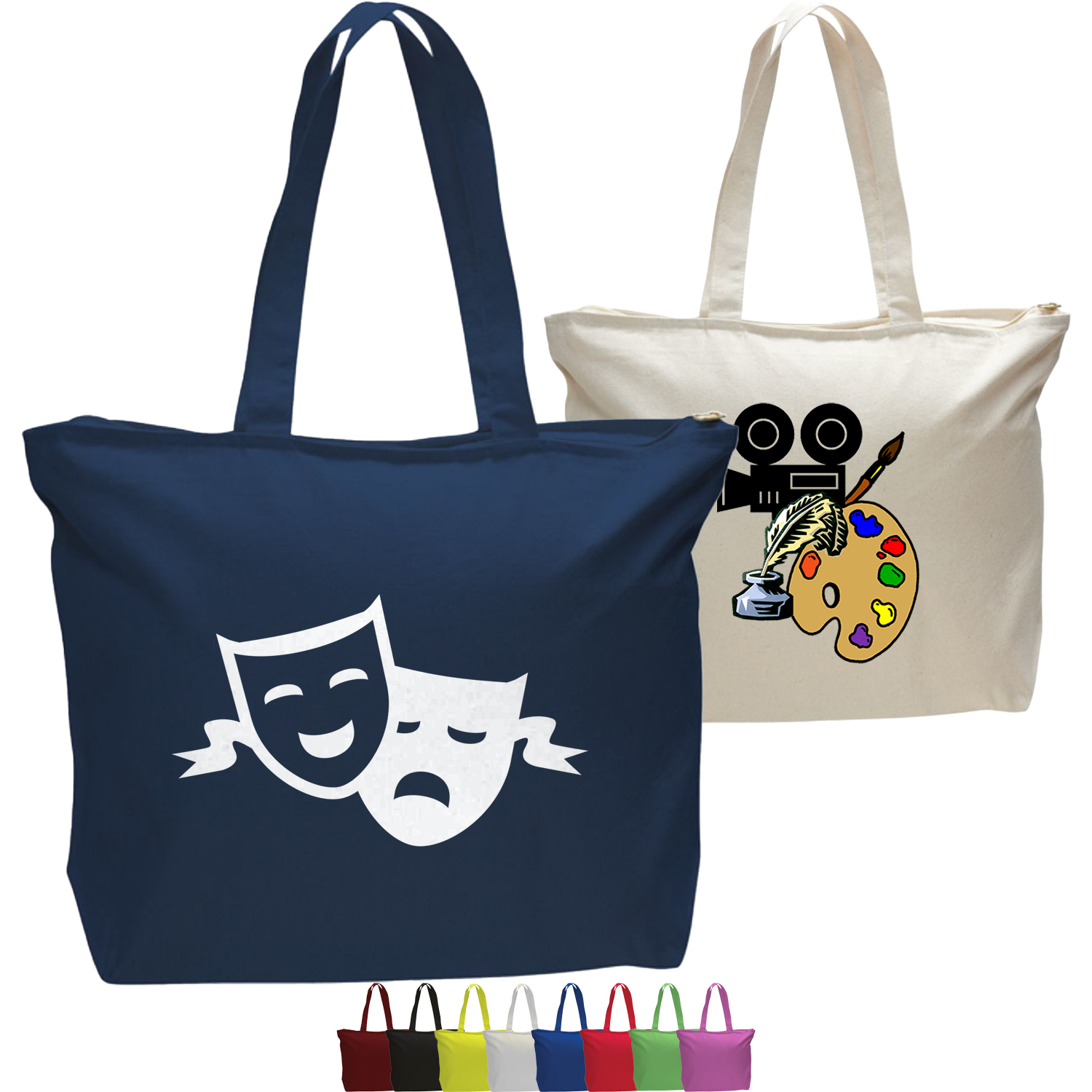 Cotton Canvas Jumbo Zipper Tote Bag USA Decorated (20" x 15") 1