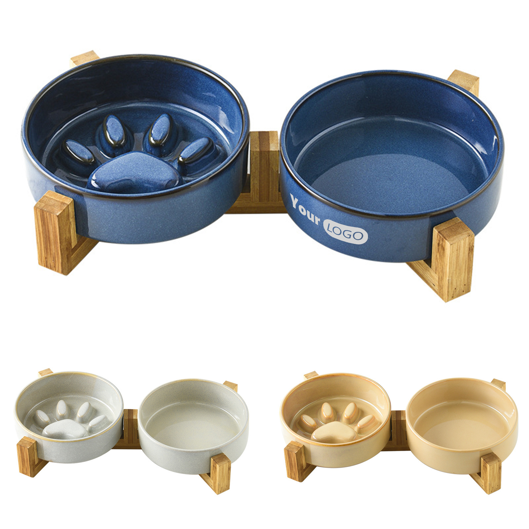 Ceramic Multi Functional Dual Bowl Pet With Wooden Frame 2