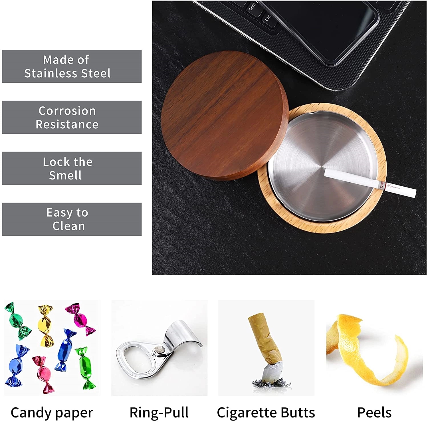Wooden Ashtray With Lid For Smokers Stainless Steel Liner 3