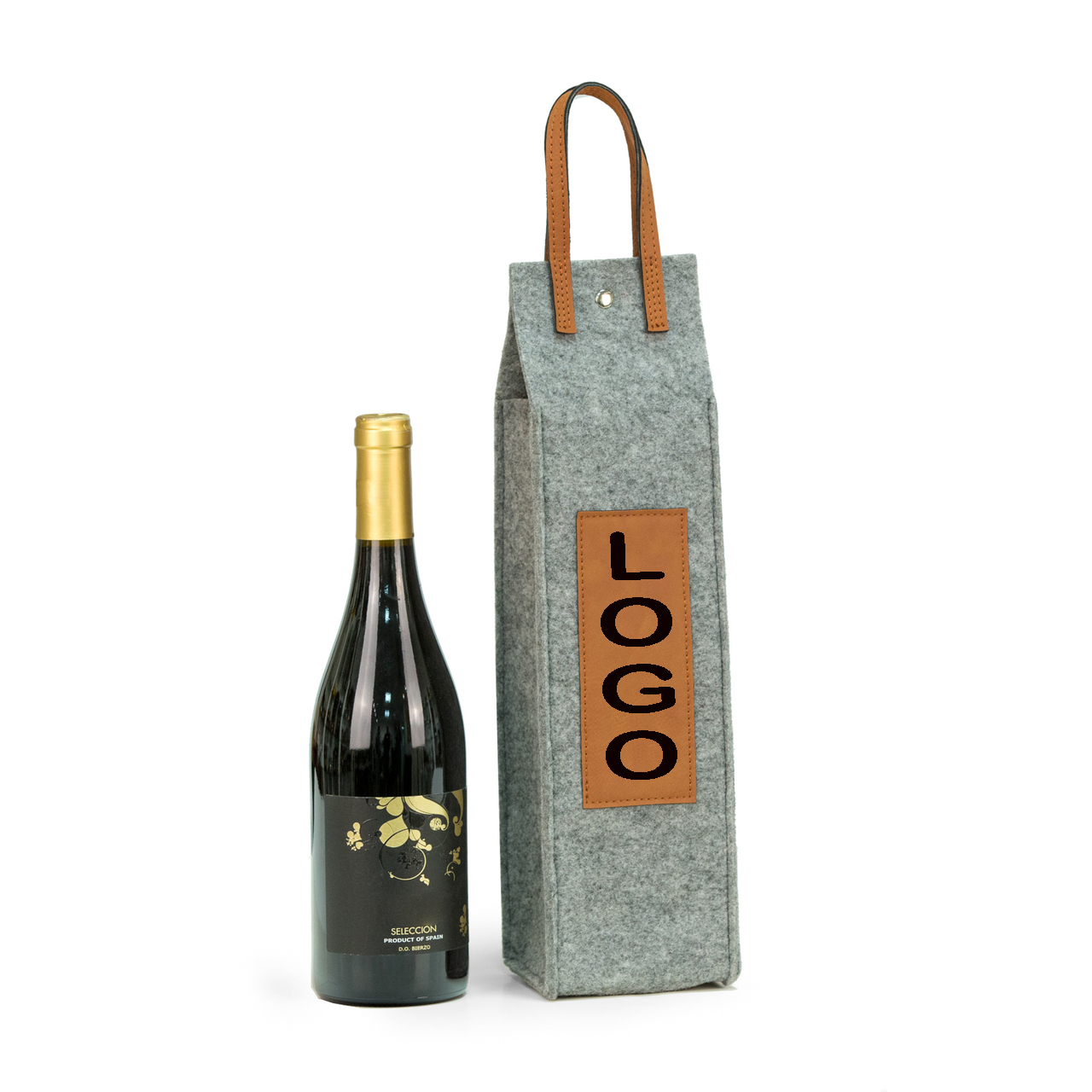Grey Felt Single Wine Caddy with Camel Leatherette Handle 2