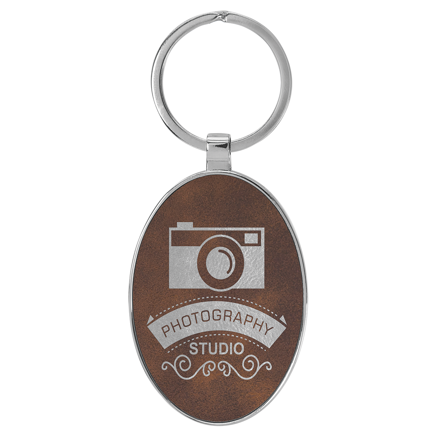 3" x 1 3/4" Leatherette/Metal Rustic/Silver Oval Keychain 1