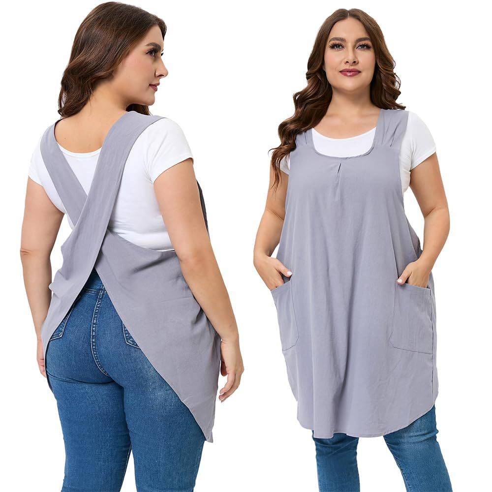 Linen Cotton Apron Cross-Back Straps Dual Pockets 11