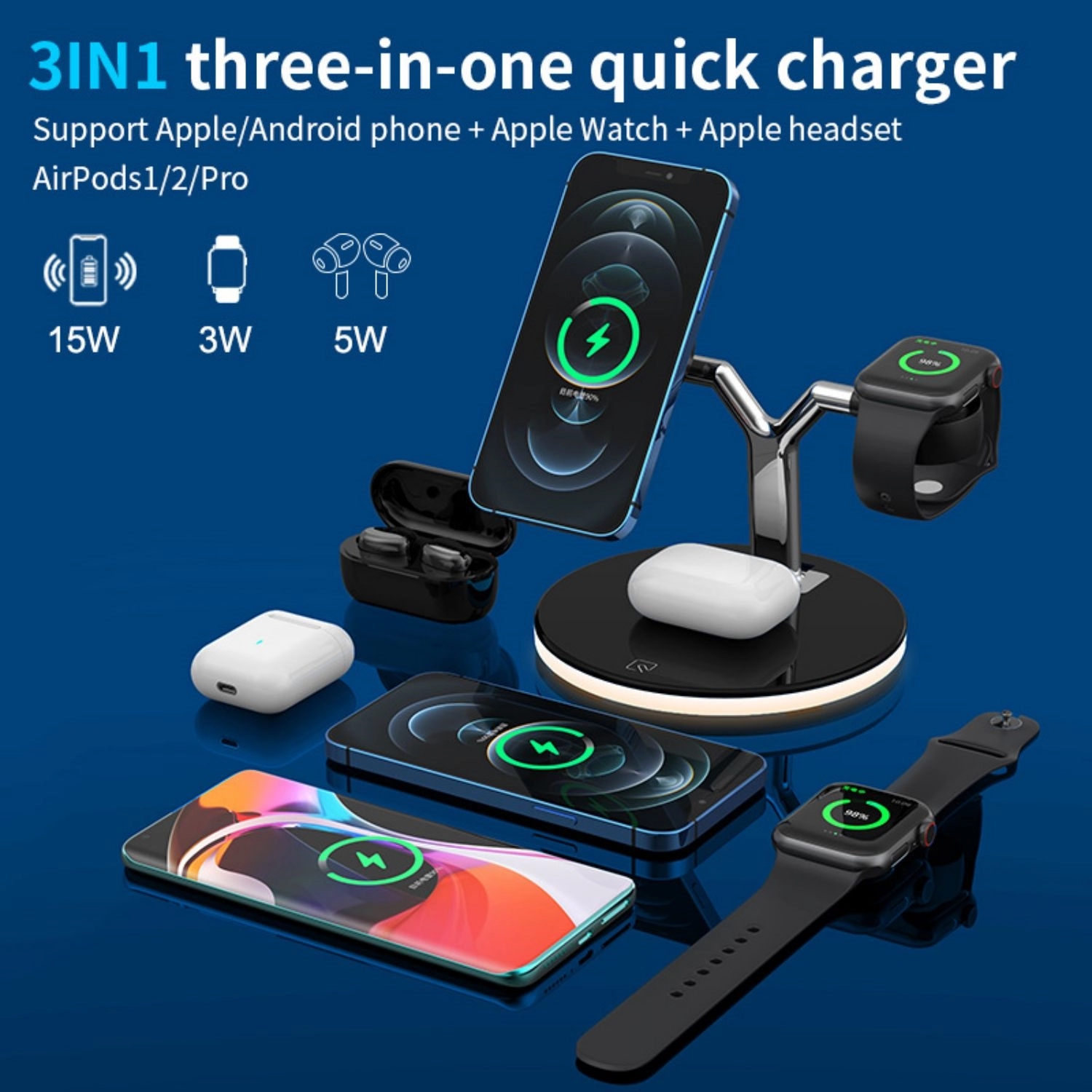 Wireless Charger 3 In 1 Fast Charging Station 15W 5