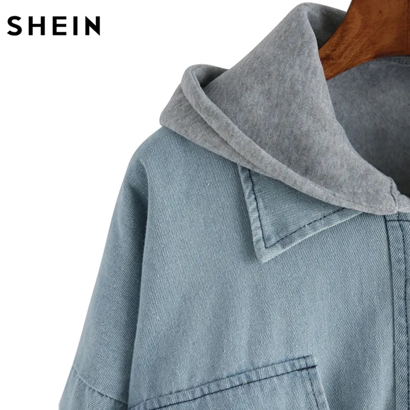 Blue Hooded Denim Two Piece Coat with Drawstring and Pockets 4