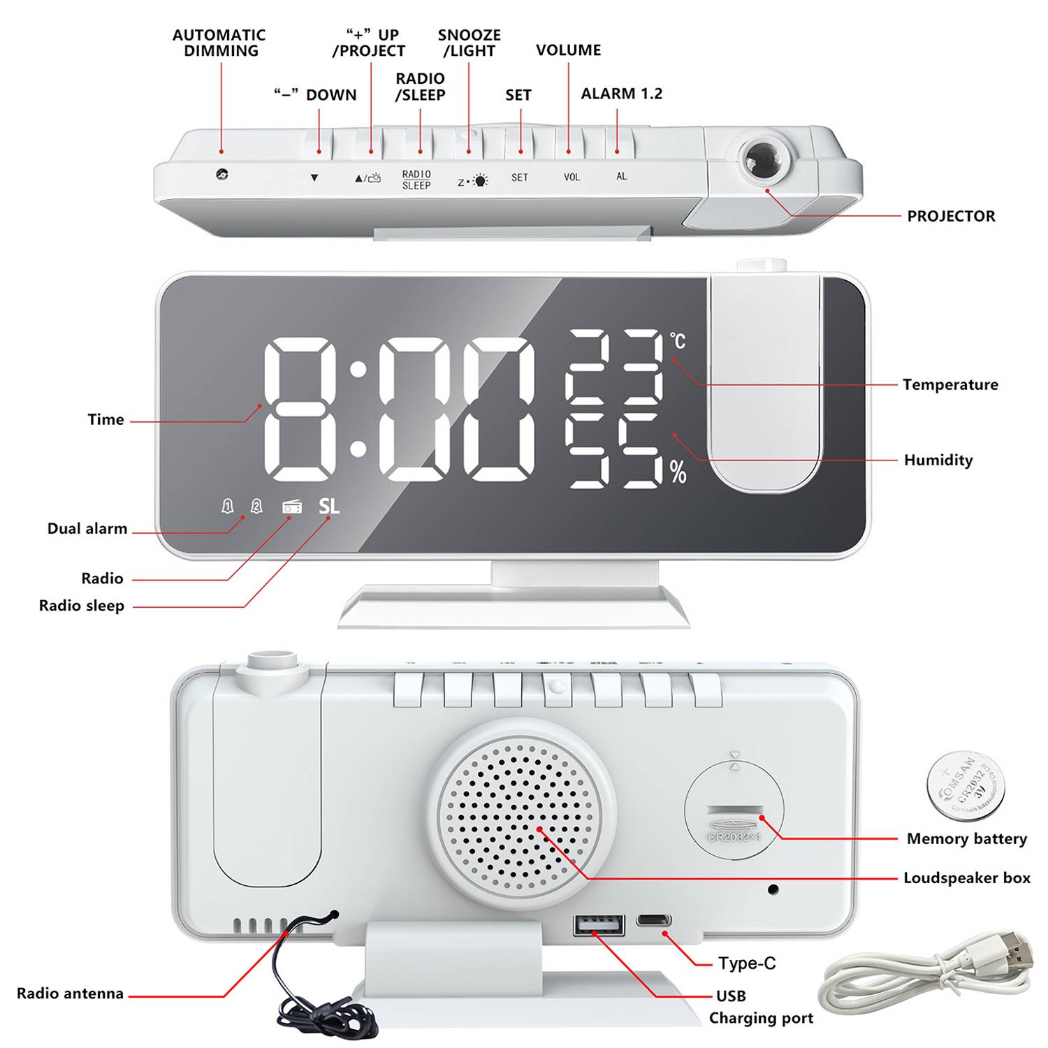 New creative LED multifunctional radio projection clock 2