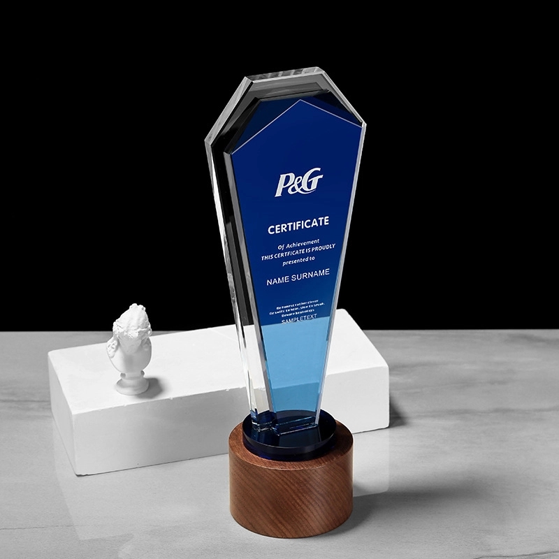 Plaque Design Blue Crystal Trophy with Wooden Base 5