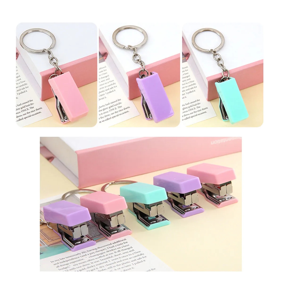 5 Sets Handheld Mini Cute Colorful Desk Keychain Stapler 3