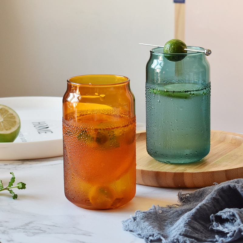 Colored Glass Can with Glass Straw