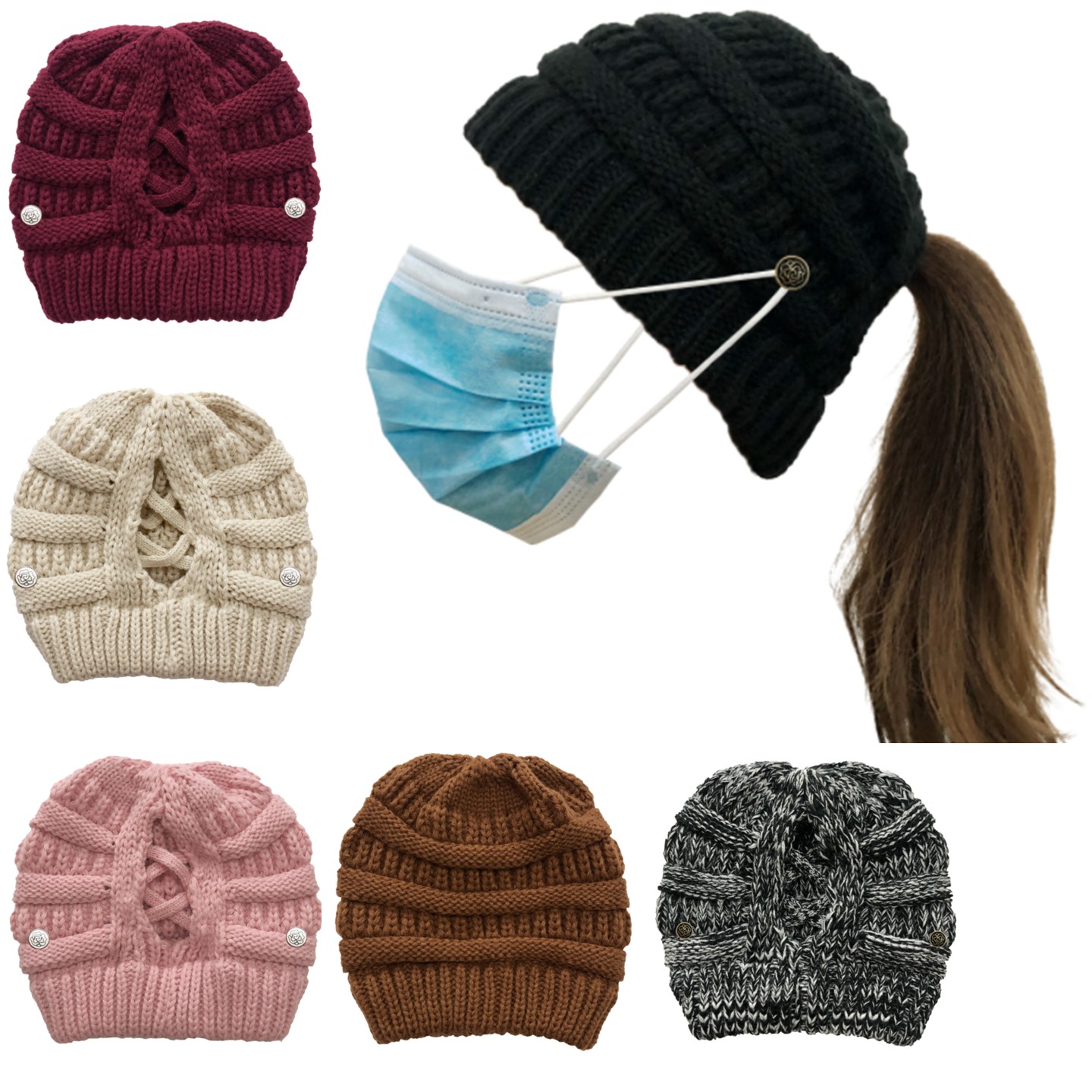 Knitted Ponytail Beanie With Mask Button 3