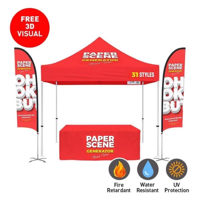 Trade Show Booth PACKAGE3 10' Canopy Tent + 6' Table Throw 3 Side + 12' Double Sided Flag Kit