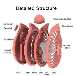 1000mAh Battery Portable Outdoor Neck Fan LED with Mirror 4