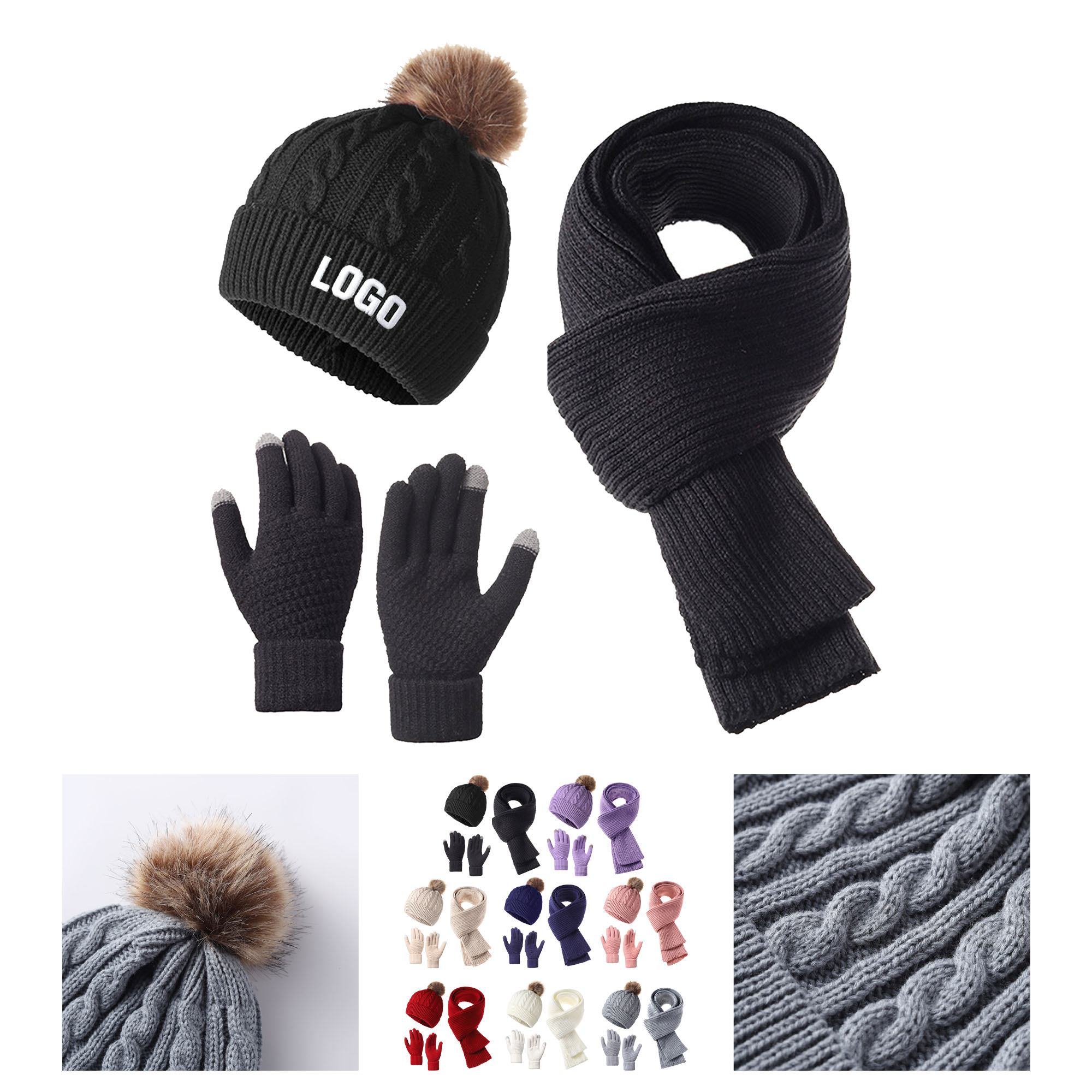 Acrylic Winter Knitted Beanie Hat Scarf Glove Set 1