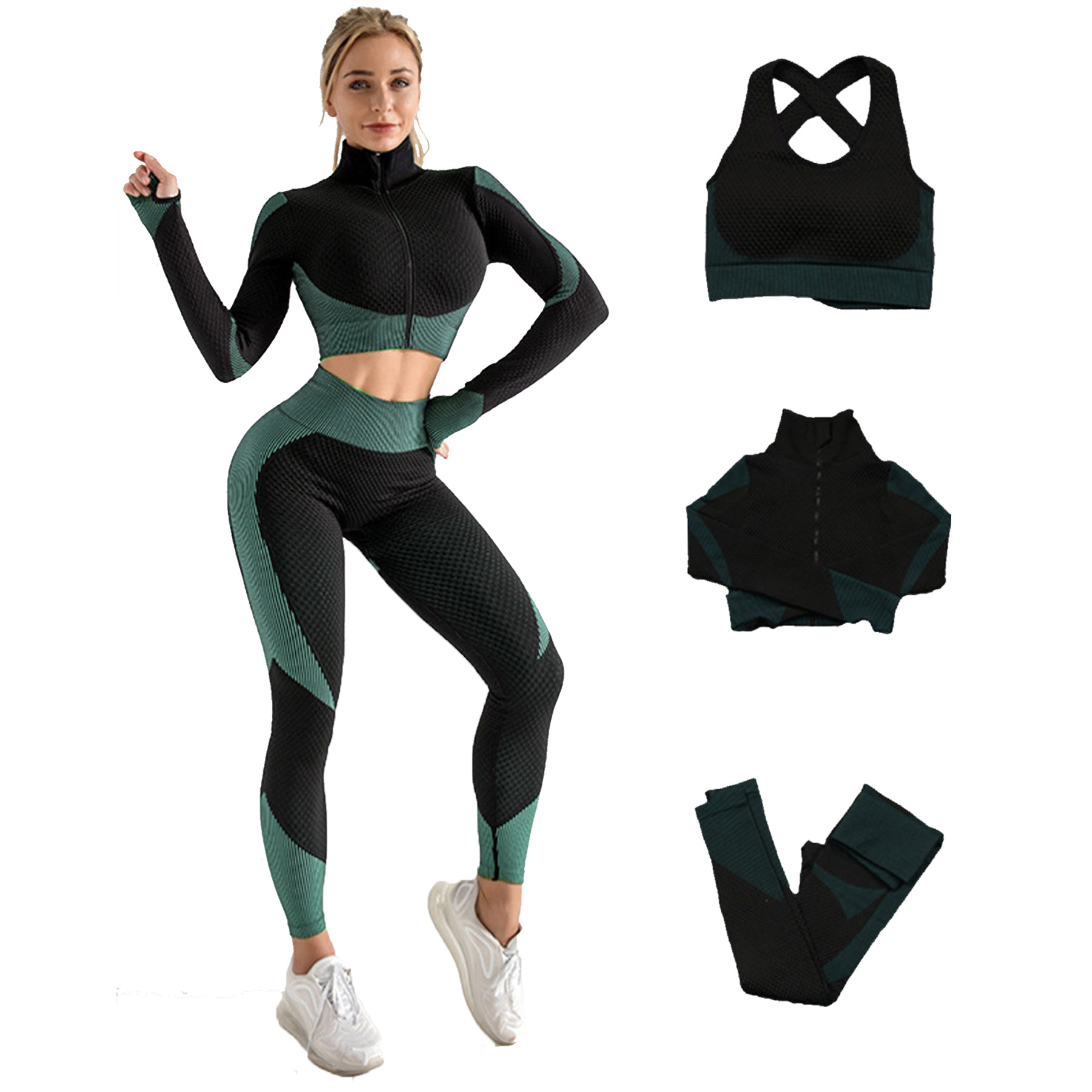 Womens 3Pcs Seamless Yoga Suit Long Sleeve Coat Vest Leggings 1