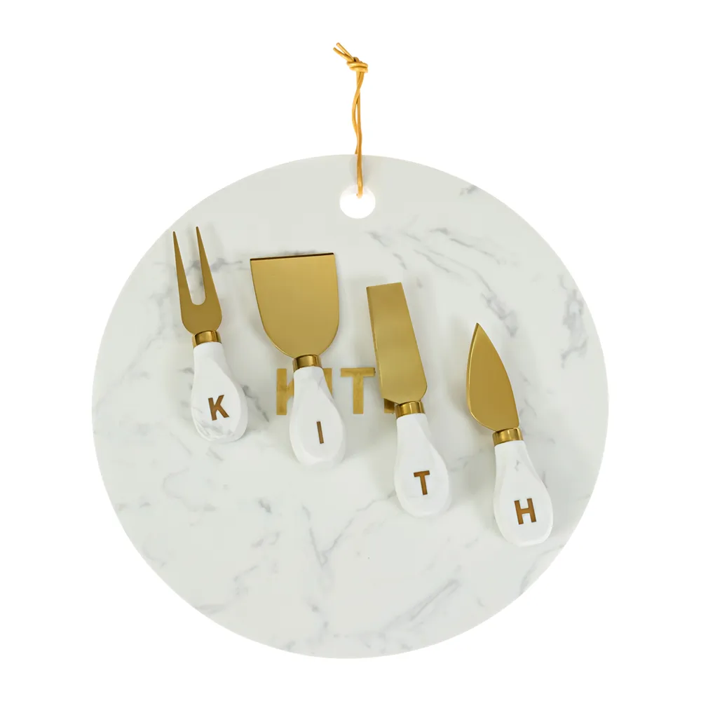 Marble Tray and Cheese Fork Set with Brass Inset Logo 2