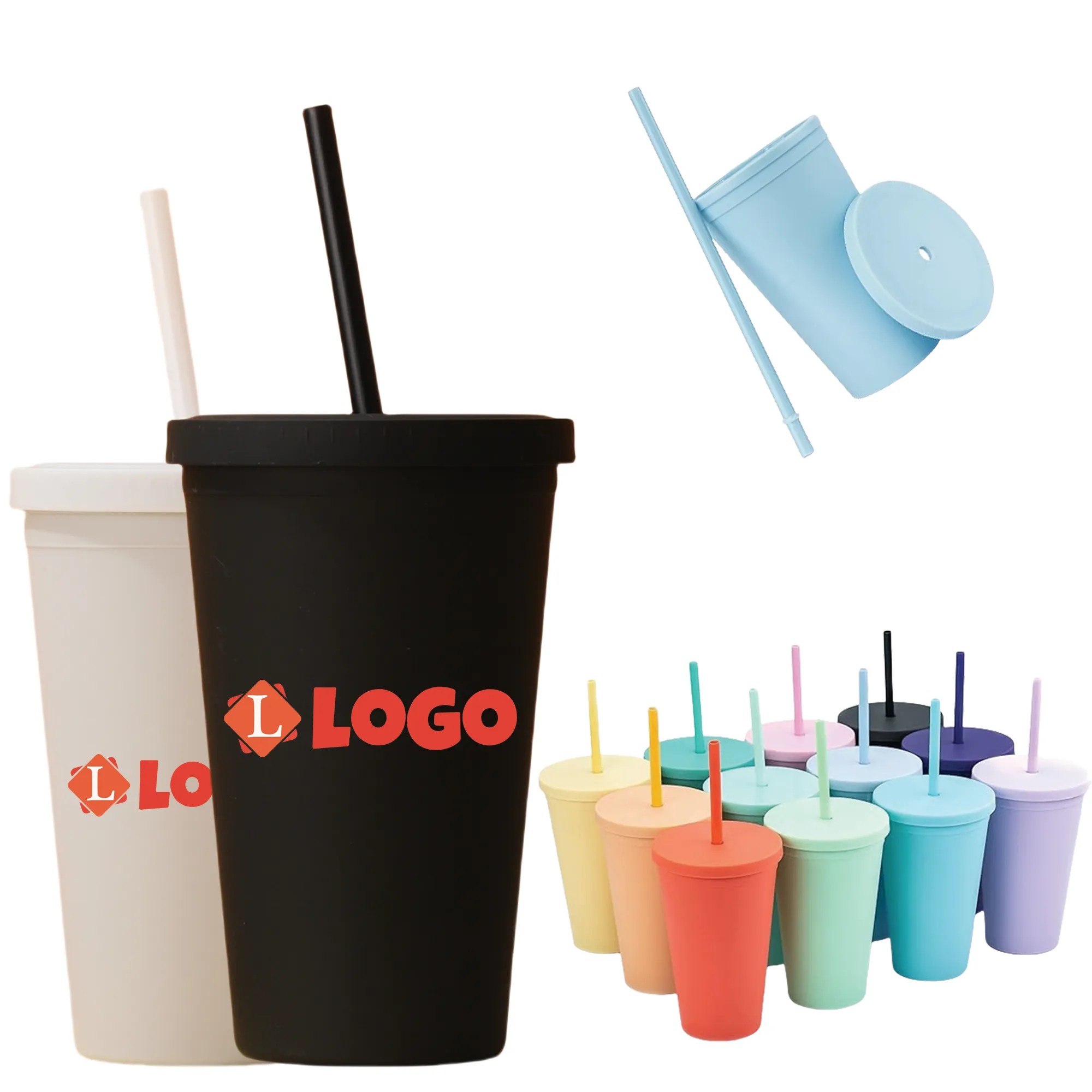 16 Oz Double Walled Cup With Lid And Straw