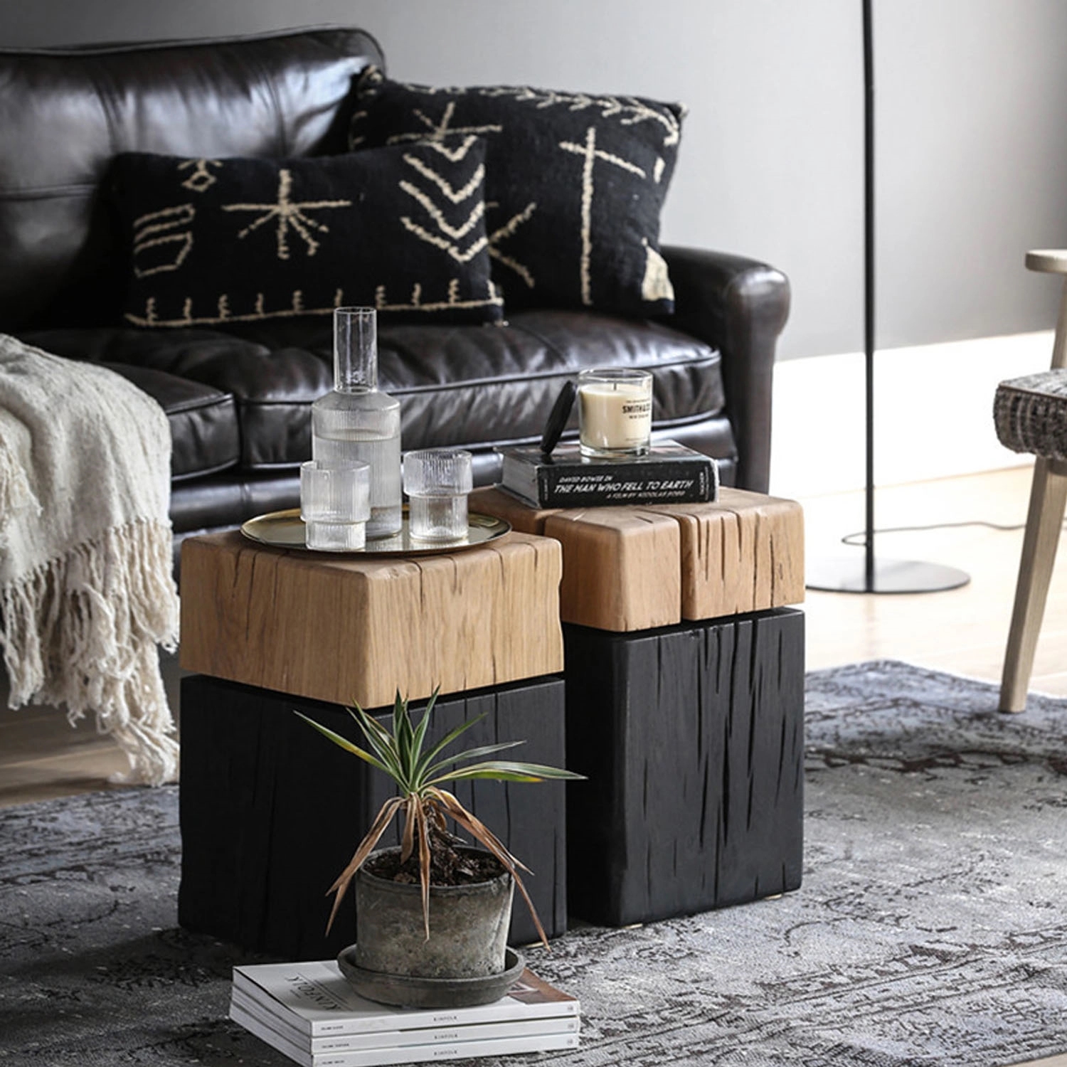 Solid Oak Wood Square Side Table With Mixed Color 3