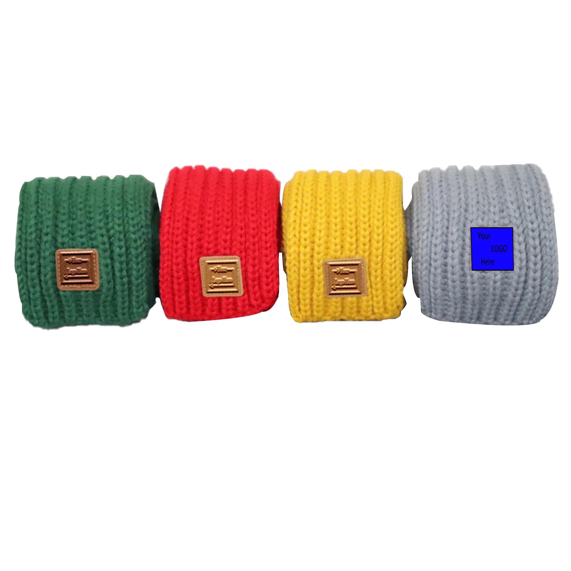 Acrylic Kid Knit Scarf With Debossed Square/Round Leather Pa 2
