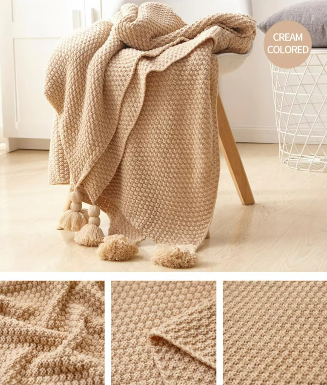 Nordic Solid Color Geometric Knitted Tassel Blanket 2