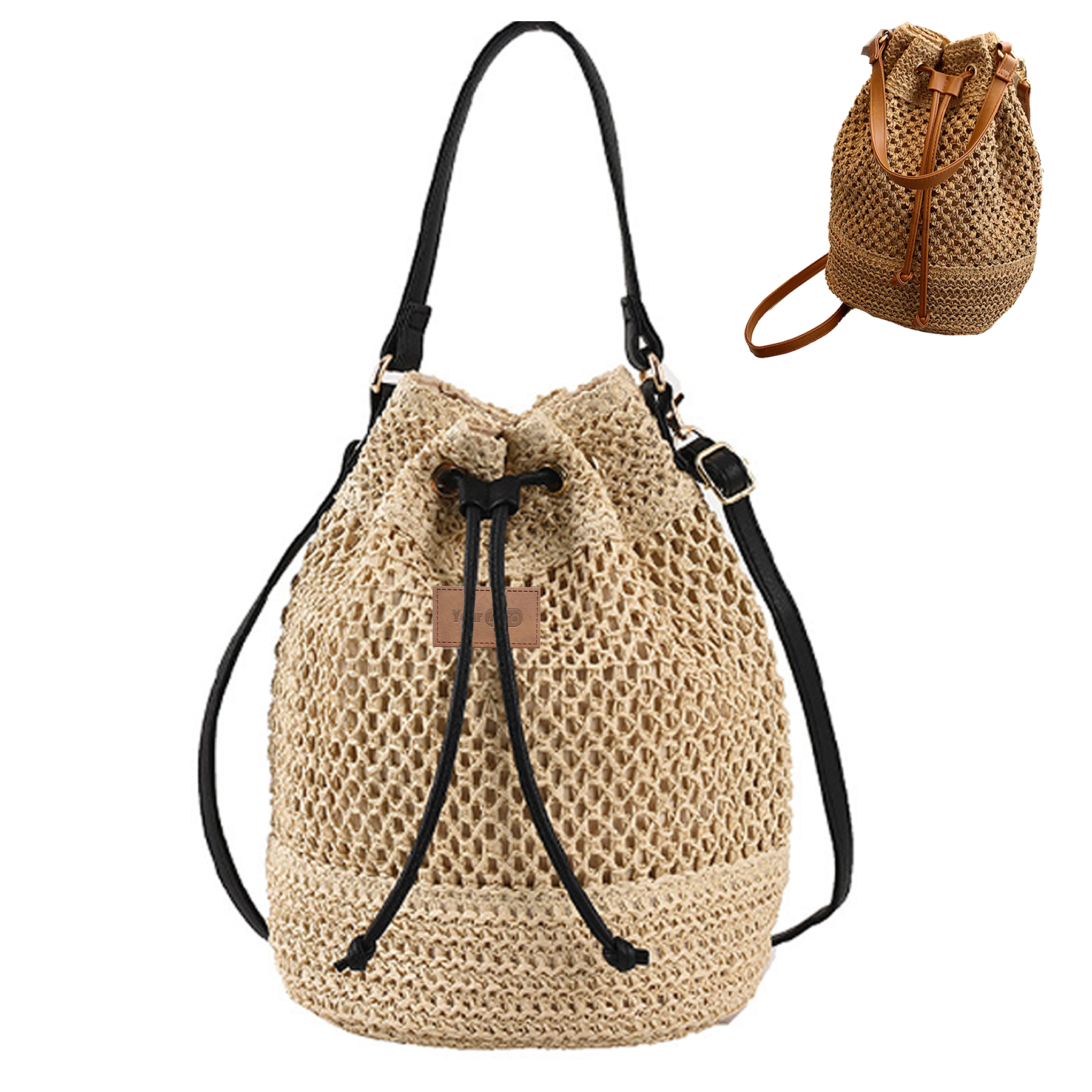 Jute Woven Beach Drawstring Hobo Bucket Purses Handbag 4