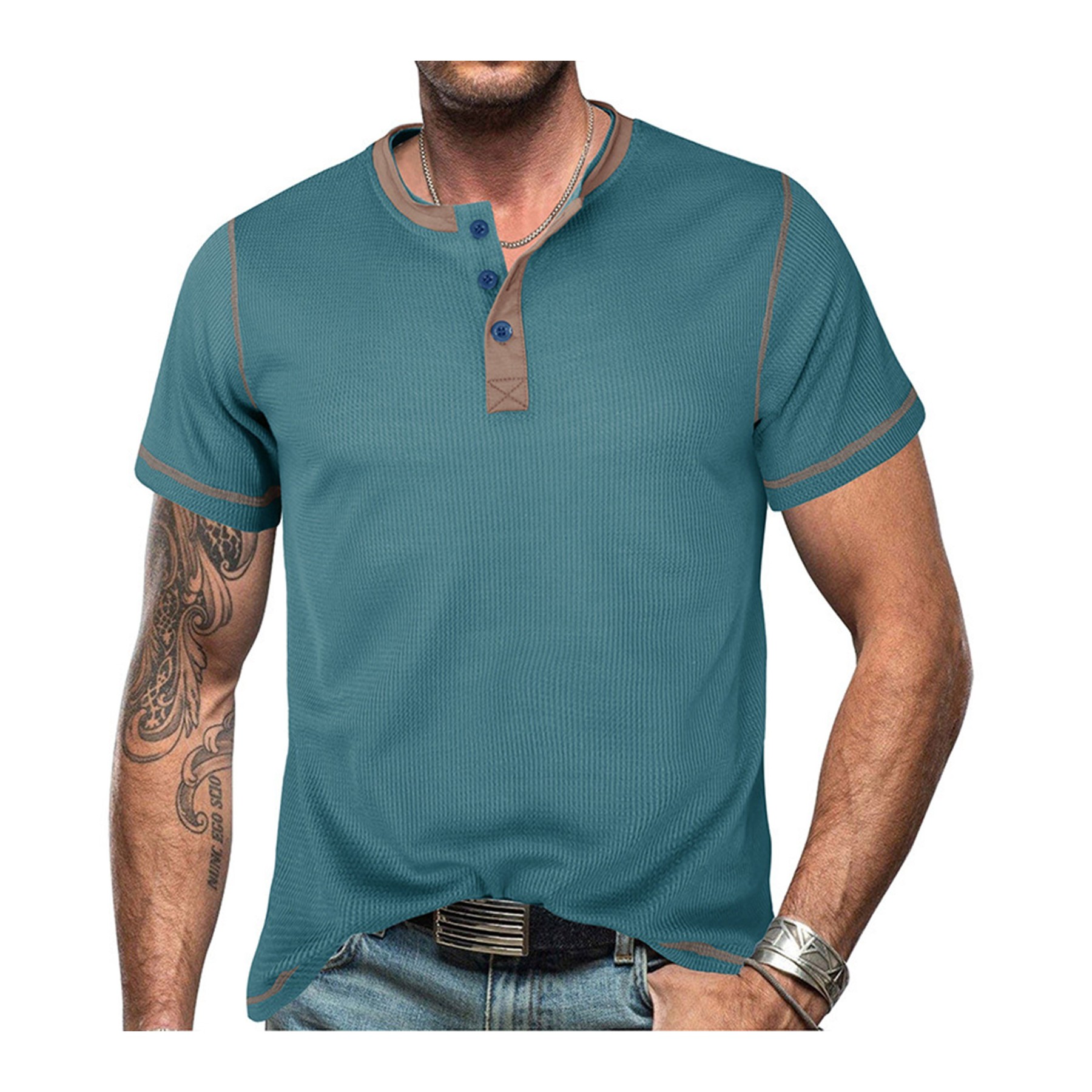 Summer Retro Waffle Color Block Henry T-shirt 8