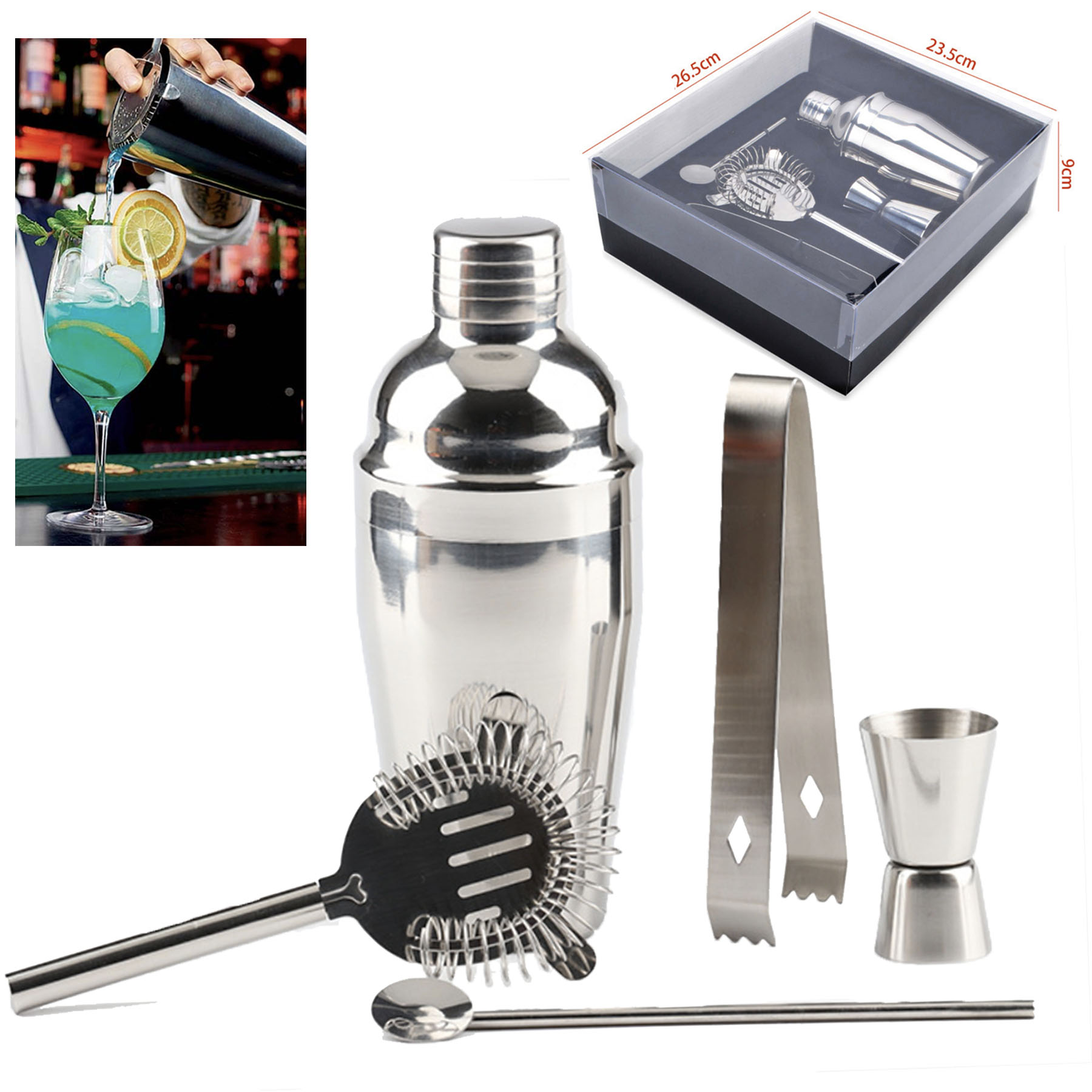 Stainless Steel Cocktail Shaker And Stainer Set - 5 Piece Bartender Kit 1