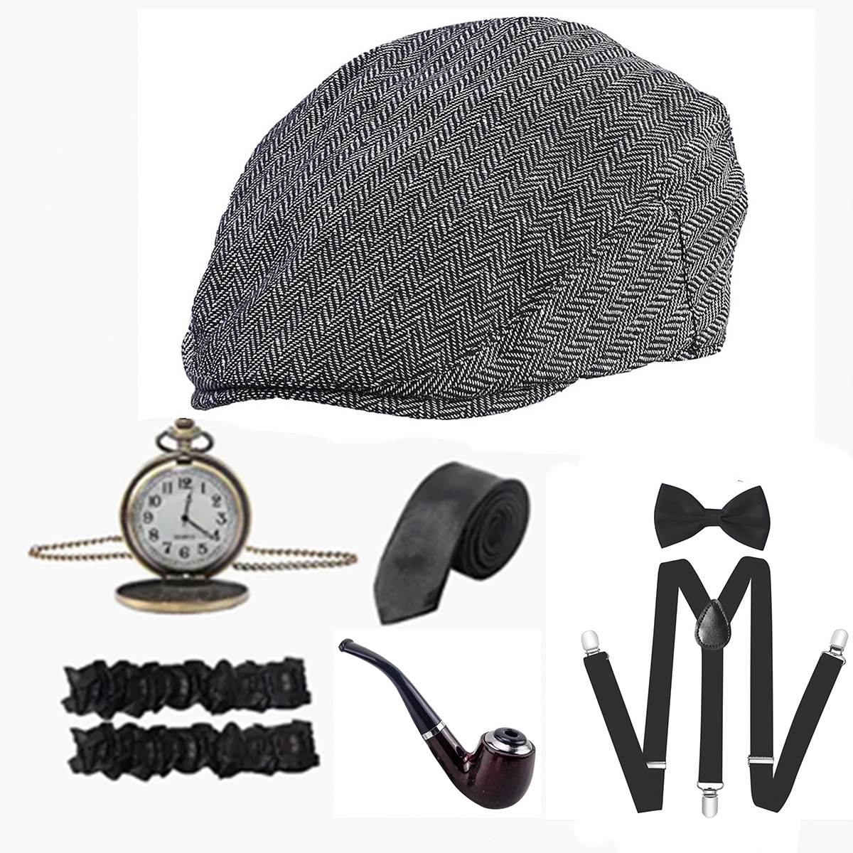 1920S Mens Cap Vintage Pocket Watch Pre Tied Bow Tie 2