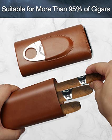 Classic Leather 3 Fingers Cigar Case w/ Cedar Wood Lining and Stainless Steel Cutter Contained 6