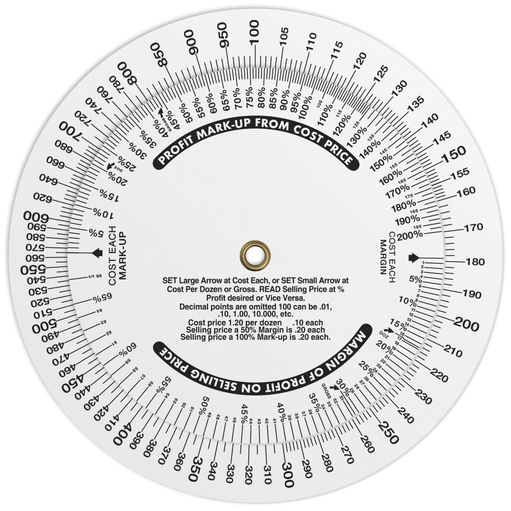 .020 White Plastic Profit Markup Wheel Calculator (4.25" dia.), Full Colour Digital Imprint